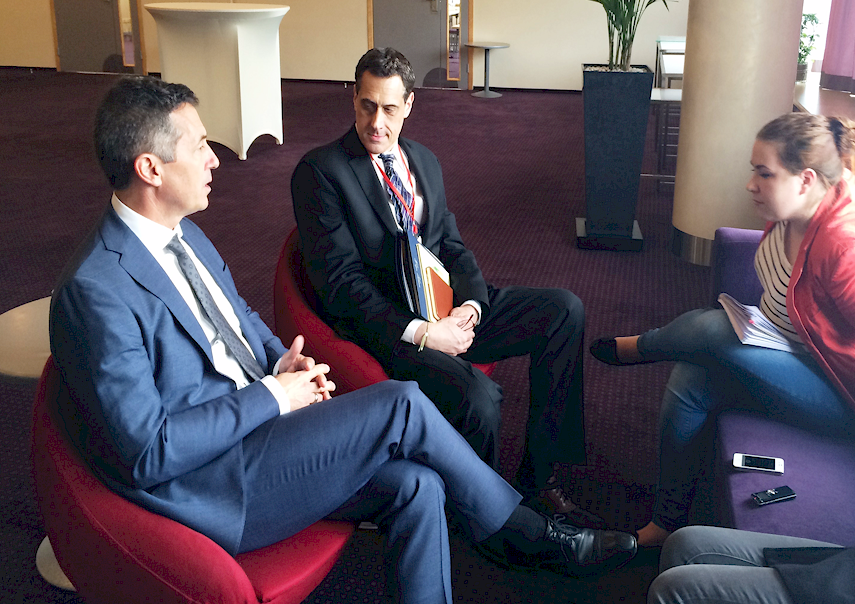 SPECIAL ENVOY: Randy Berry in discussion with veteran LGBTI activist Stuart Milk and reporter