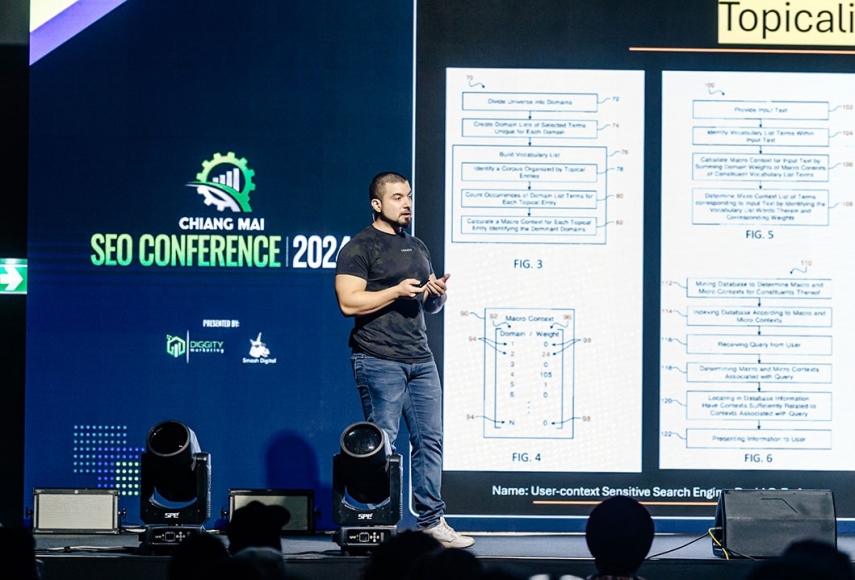 Photo: Koray Tugberk Gubur, the CEO and Founder of Holistic SEO & Digitaone, and of leading SEO experts, takes the stage at a recent SEO conference in Thailand