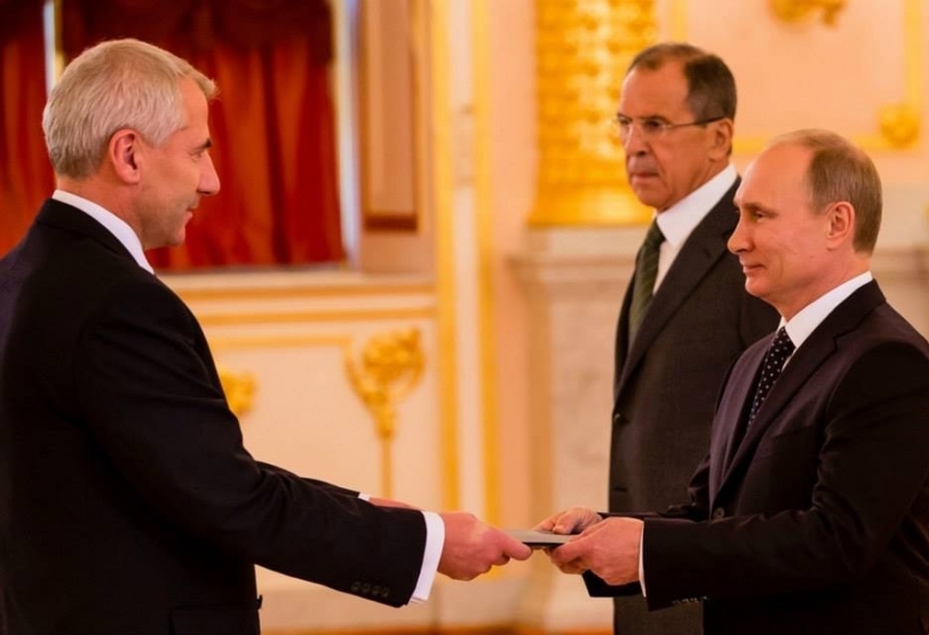 Photo: V. Usackas, EU Ambassador to Russia (2013–2017), with Russian President Vladimir Putin and Russia’s Foreign Affairs Minister Sergey Lavrov