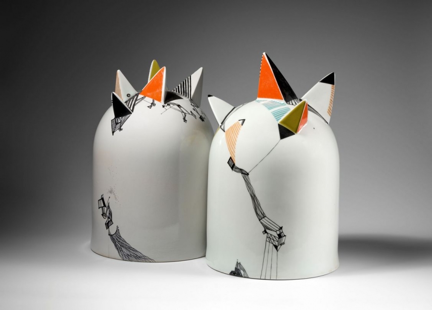 Pēteris Martinsons (Latvia). “Rockets”. Porcelain, glaze, overglaze, decal, 1980. Collection of the Rīga Porcelain Museum. Photographed by Gvido Kajons